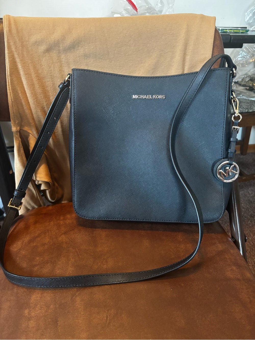 Michael Kors Black Saffiano Leather Crossbody with Gold MK Charm